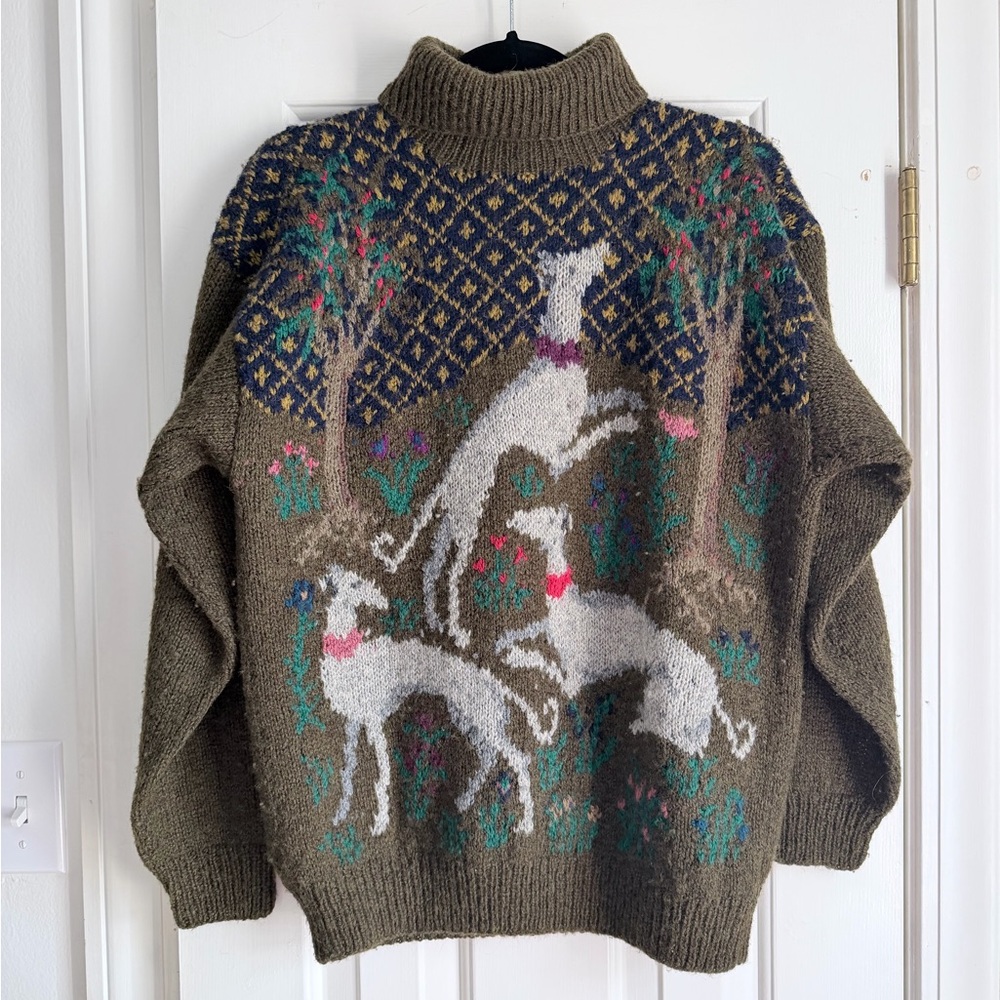 Perry Ellis whimsical wool greyhound dog hand knit sweater sz M RARE